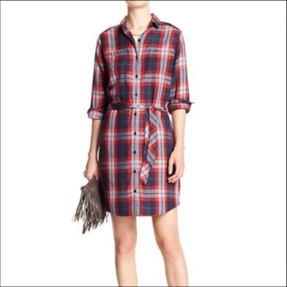 New Banana Republic Plaid Shirt Dress With tie - Picture 1 of 3